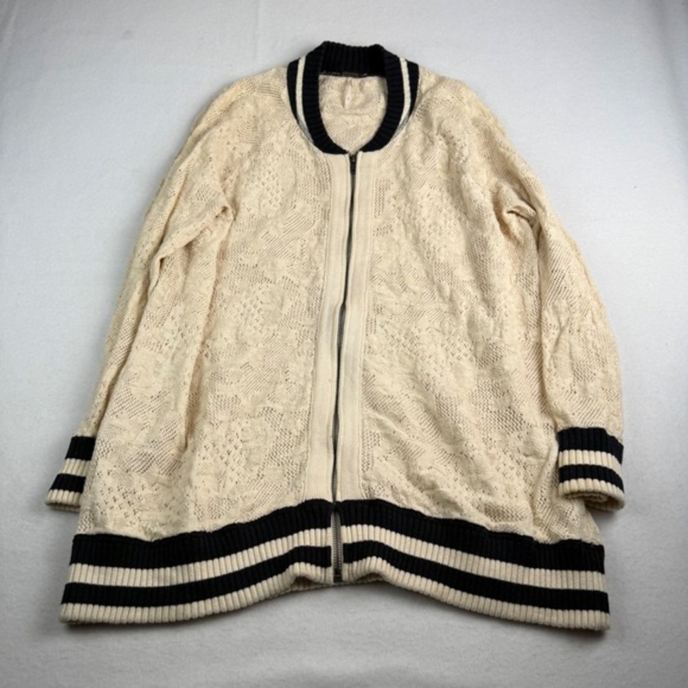 Free People Ivory Pointelle Knit Zip Front Bomber Cardigan Sweater M